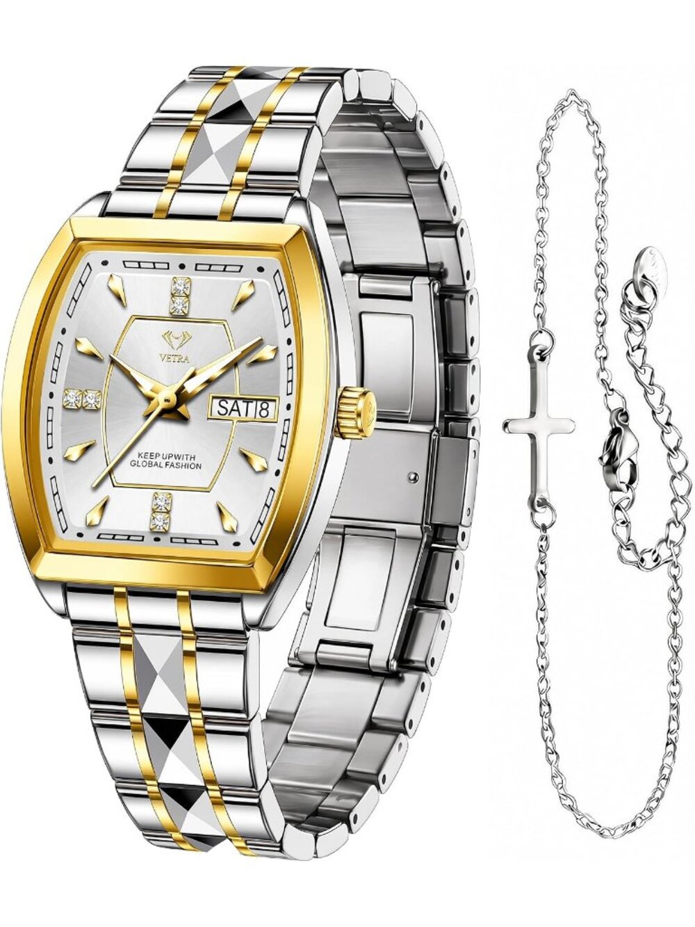 Women's White Two Tone Stainless Steel Waterproof Casual Dress Date Wrist Watch